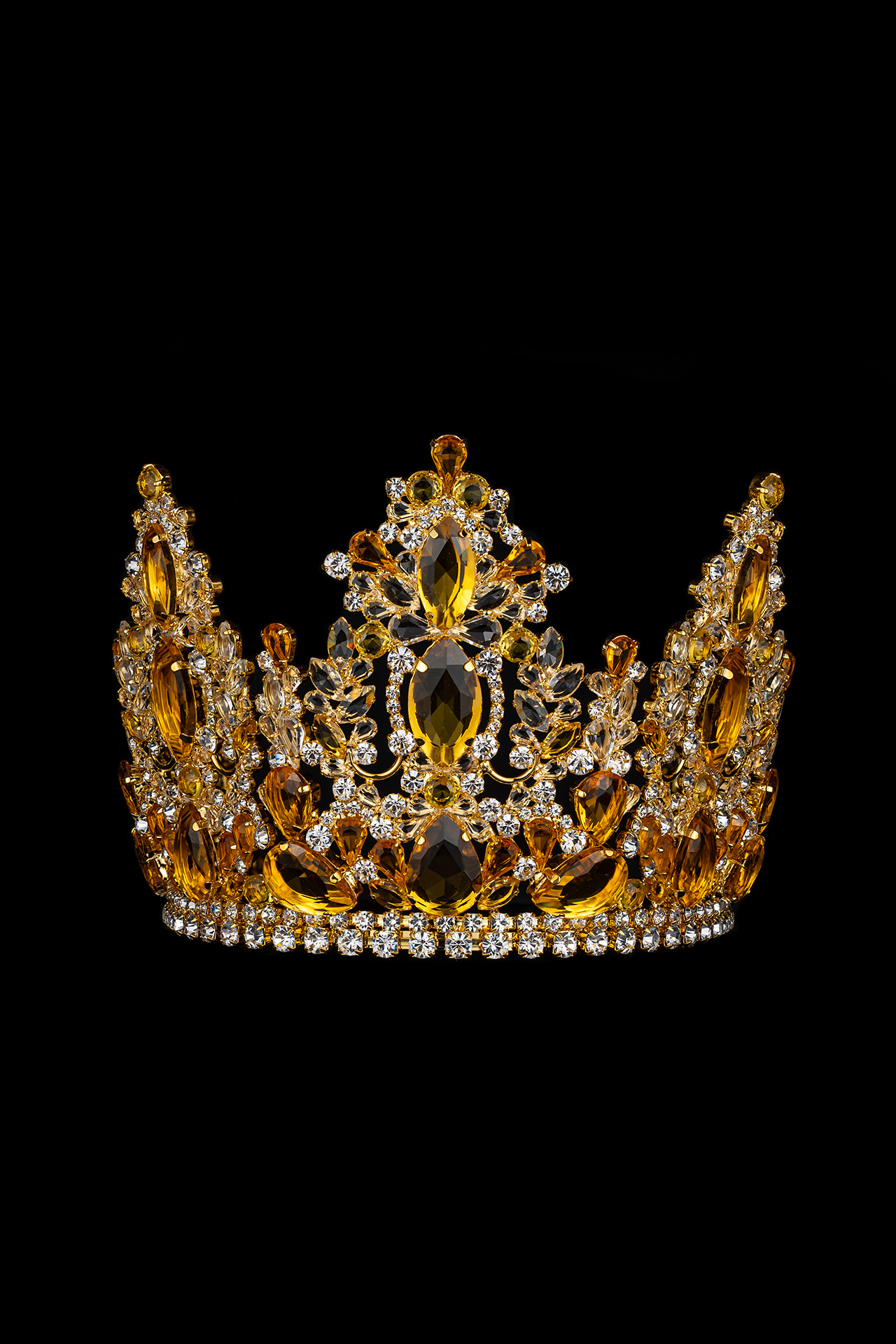 Luxury rhinestone tiara crown crafted from clear and yellow rhinestones