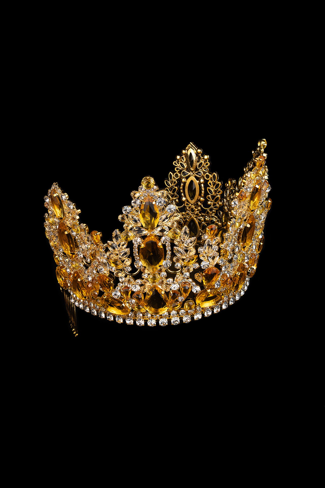 Luxury rhinestone tiara crown crafted from clear and yellow rhinestones