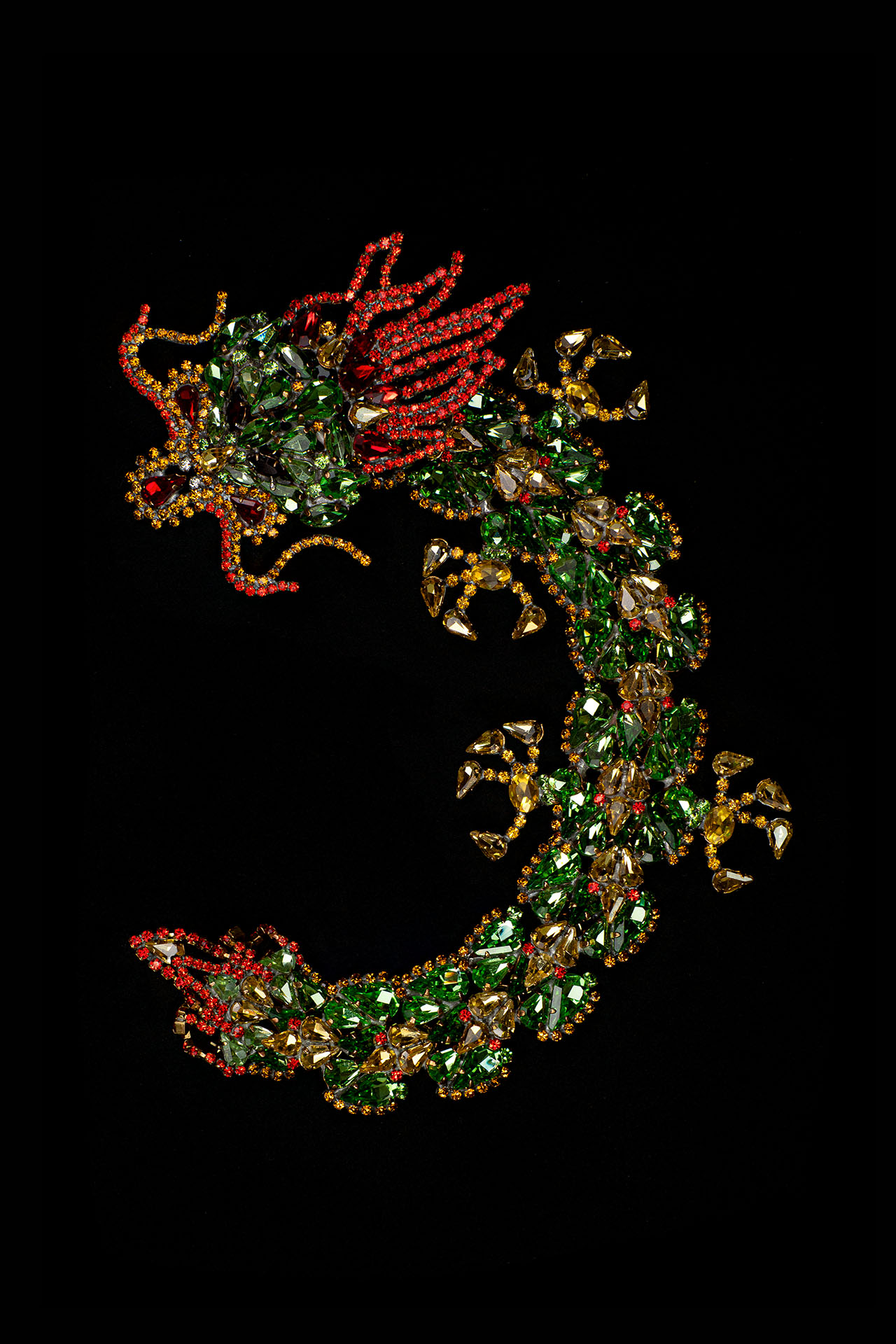 Handmade rhinestone brooch with a green Chinese dragon