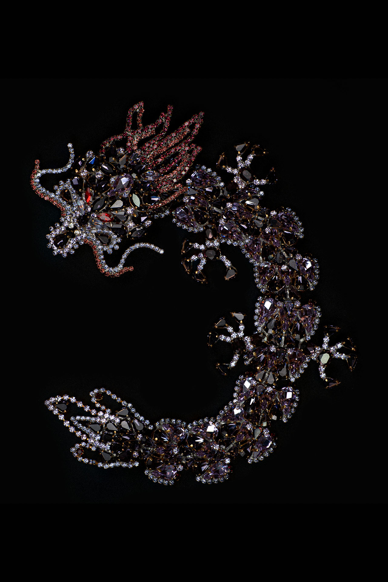Handmade rhinestone brooch with a purple Chinese dragon