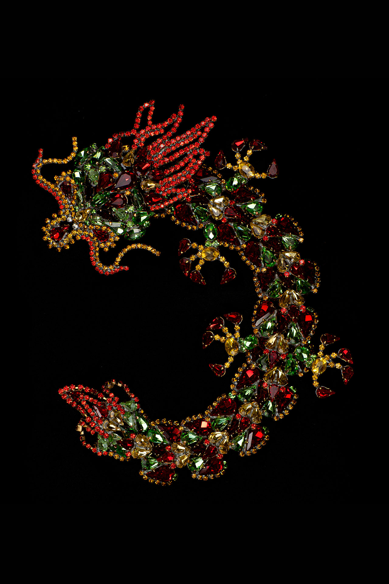 Handmade Chinese dragon brooch from multicolored rhinestones