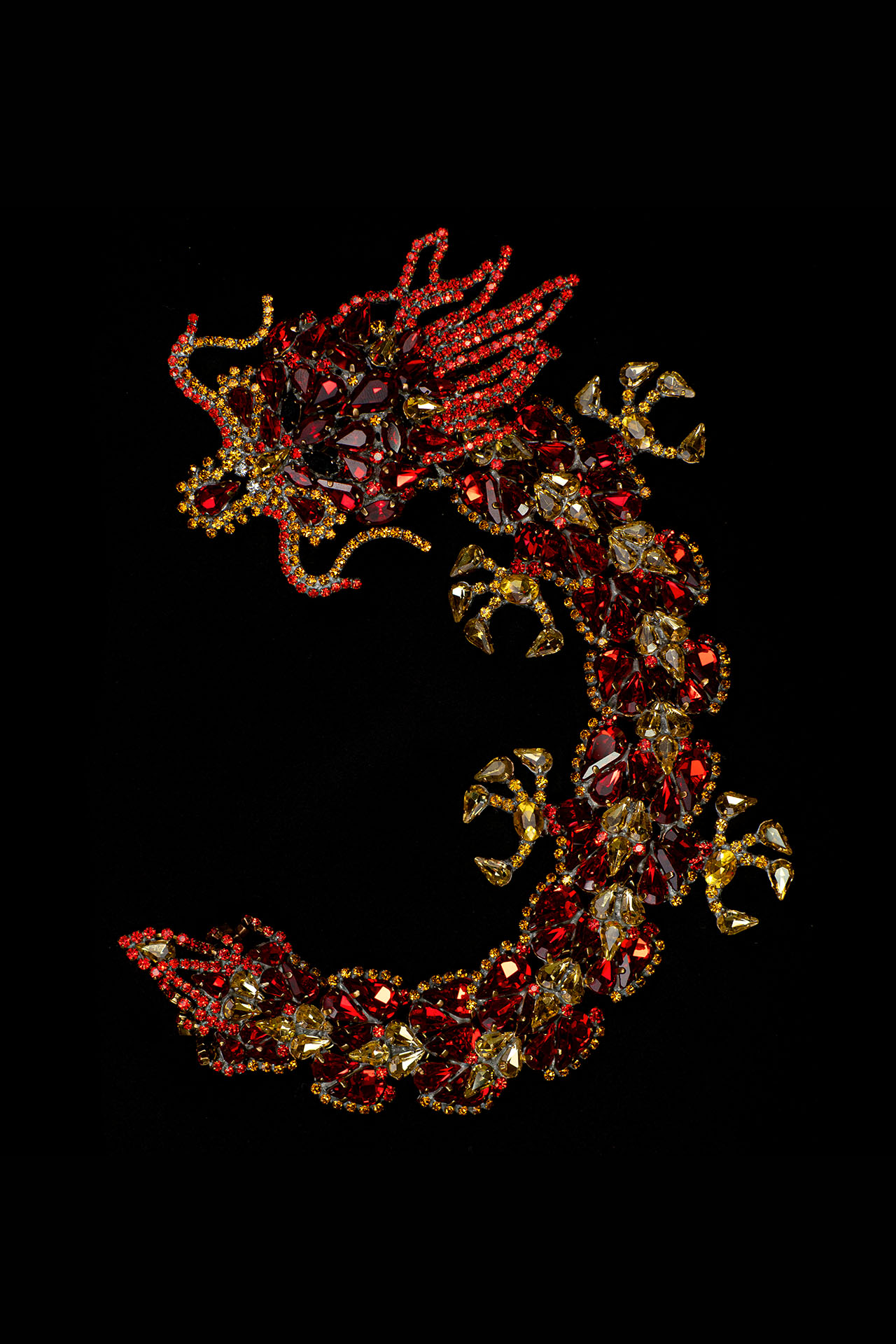 Handmade rhinestone brooch with a red Chinese dragon