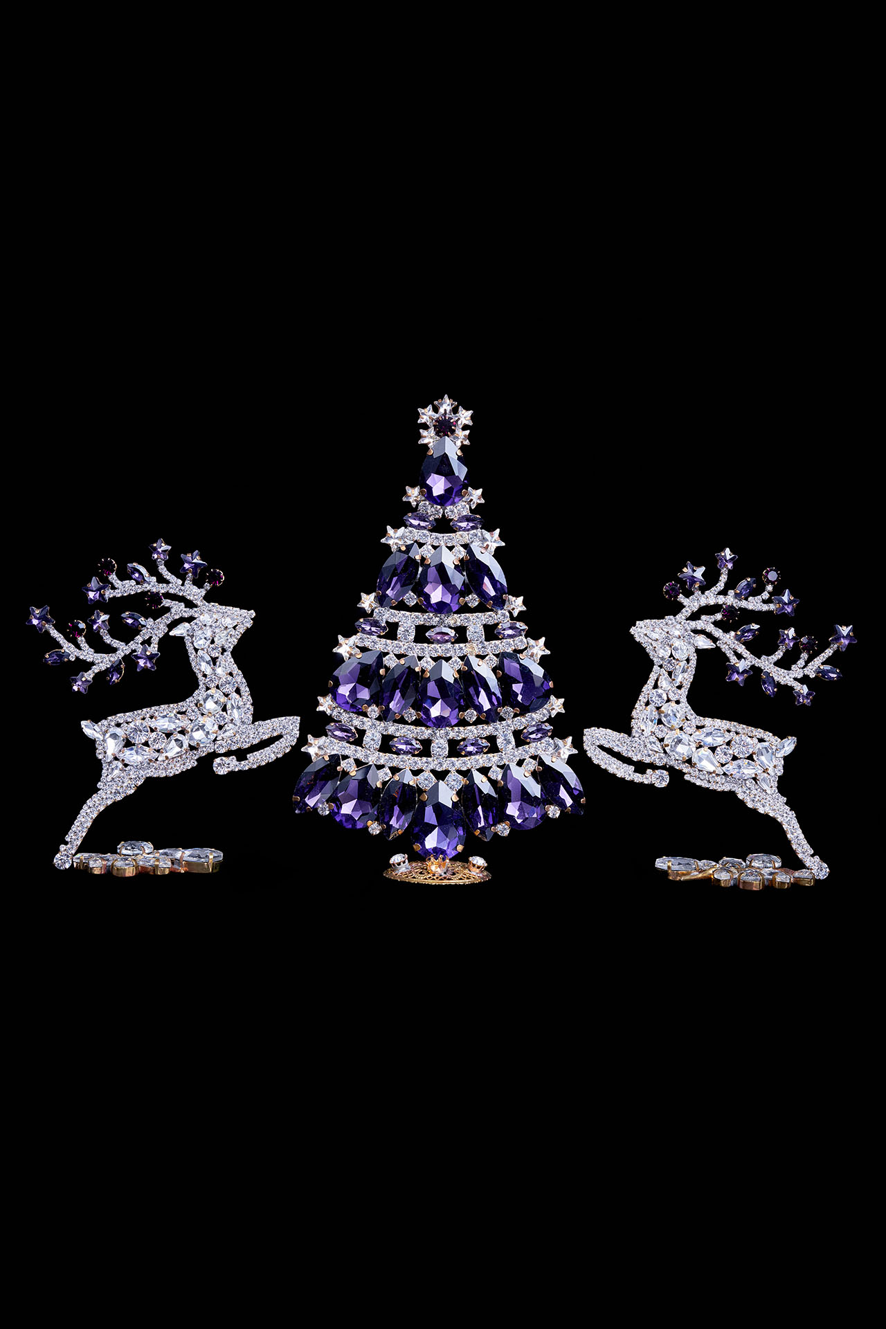 Christmas tree and reindeers from clear and purple rhinestones