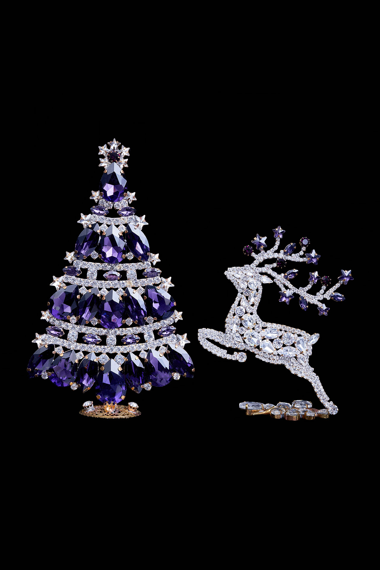 Christmas tree and reindeer from clear and purple rhinestones