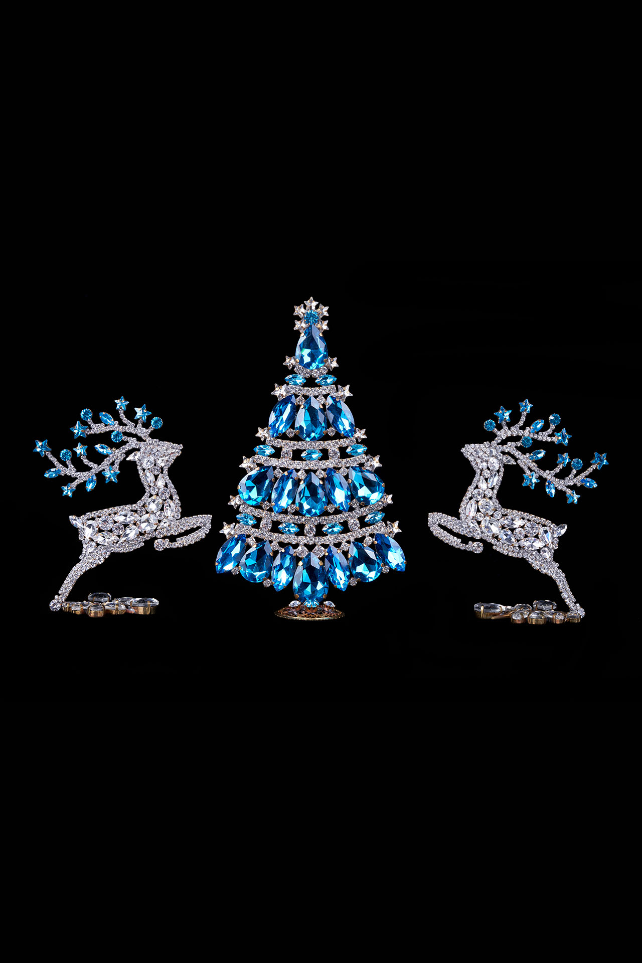 Christmas tree and reindeers from clear and blue rhinestones