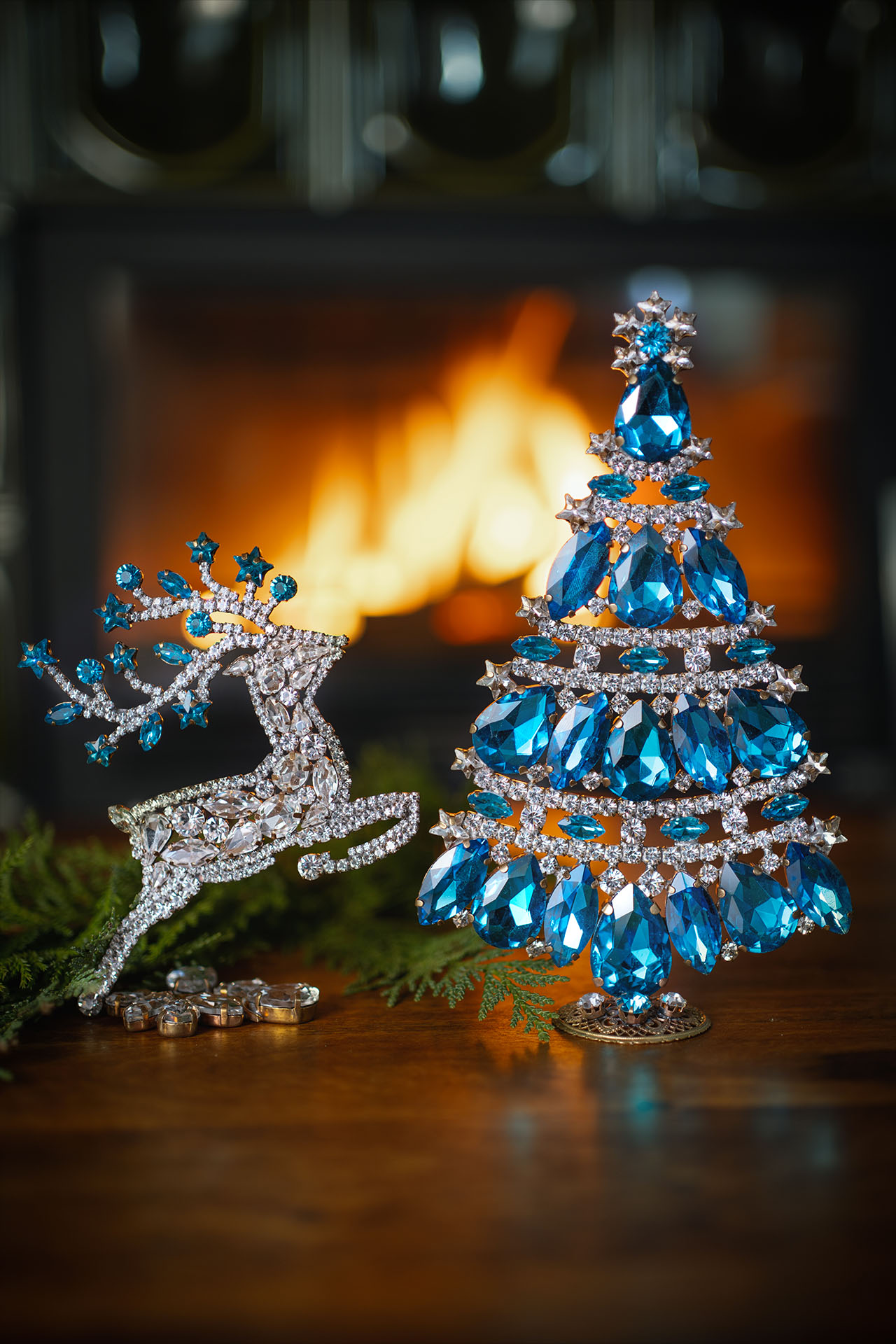 Christmas tree and reindeer from clear and blue rhinestones