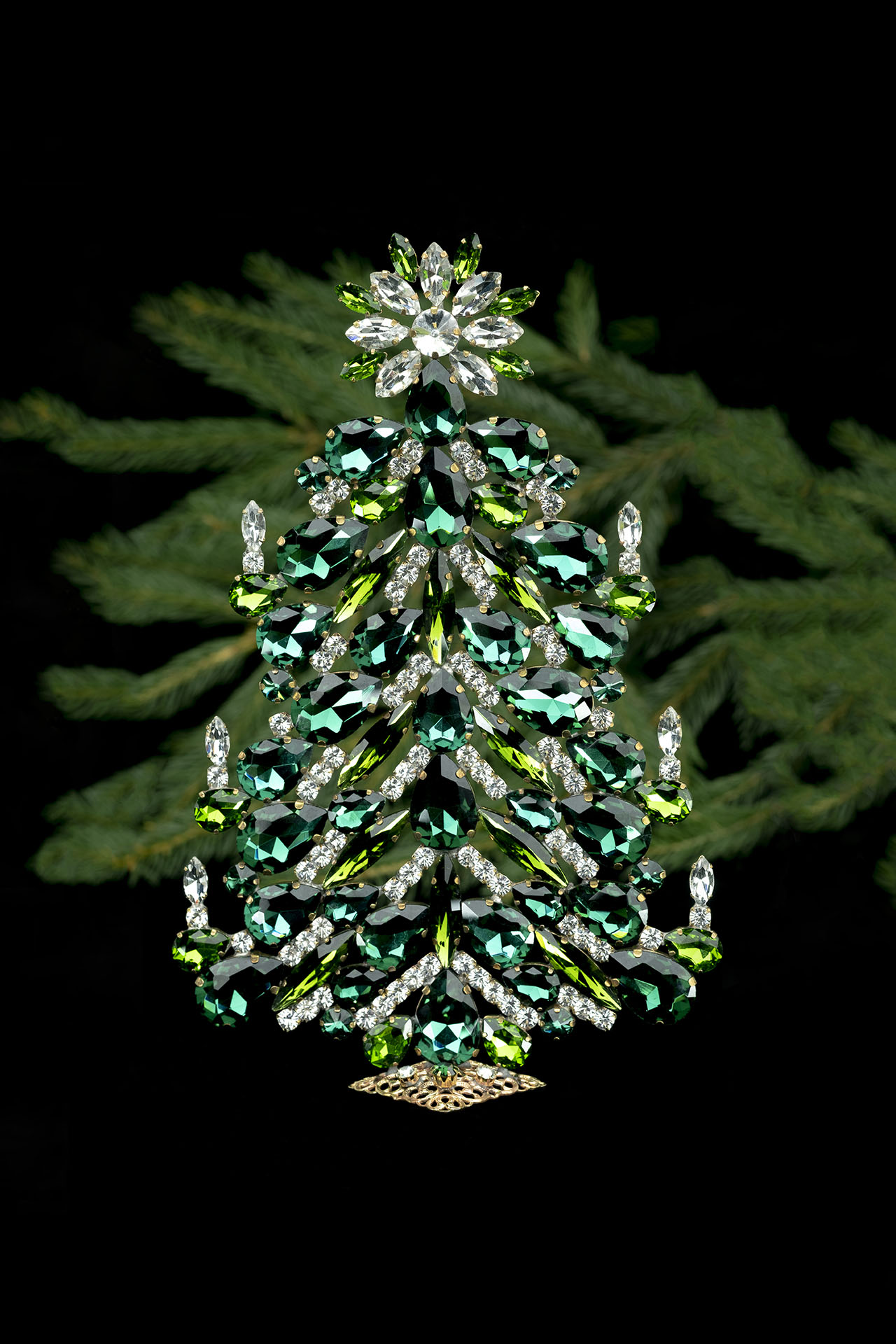 festive tabletop christmas tree - With blue and green rhinestones