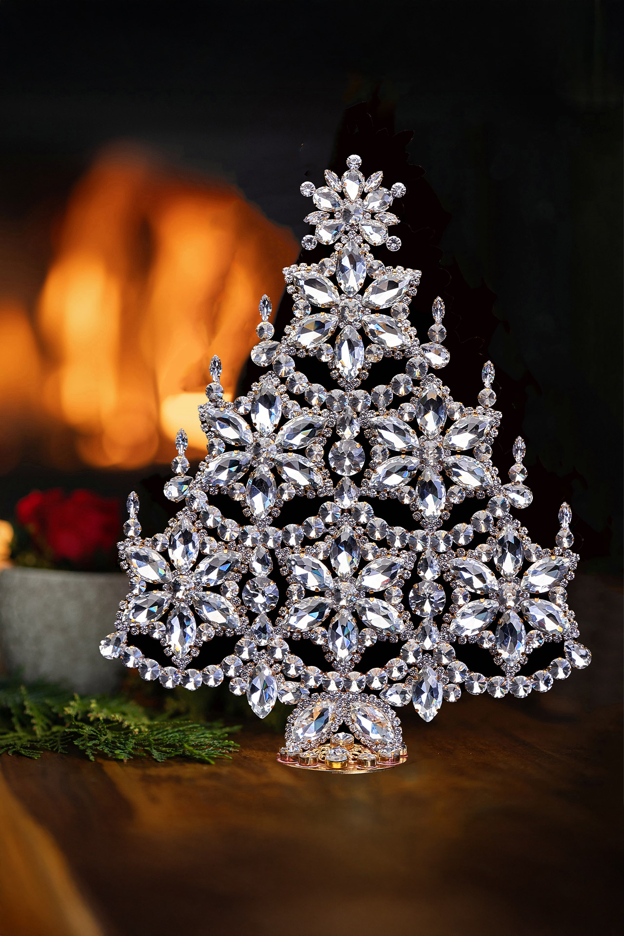 Handcrafted crystal Christmas tree with snowflakes and candles