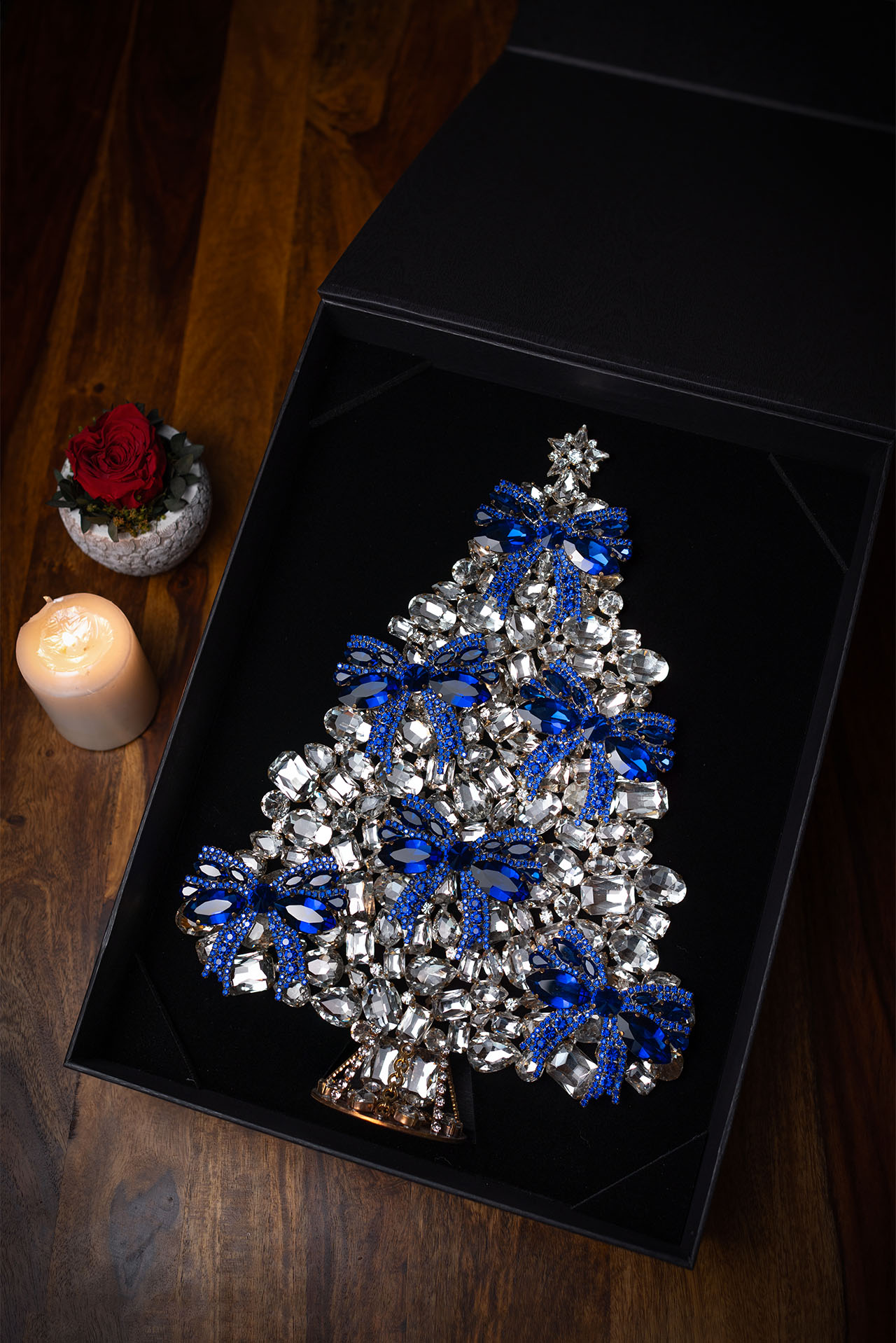 Czech Christmas tree with ribbon handmade from blue rhinestones