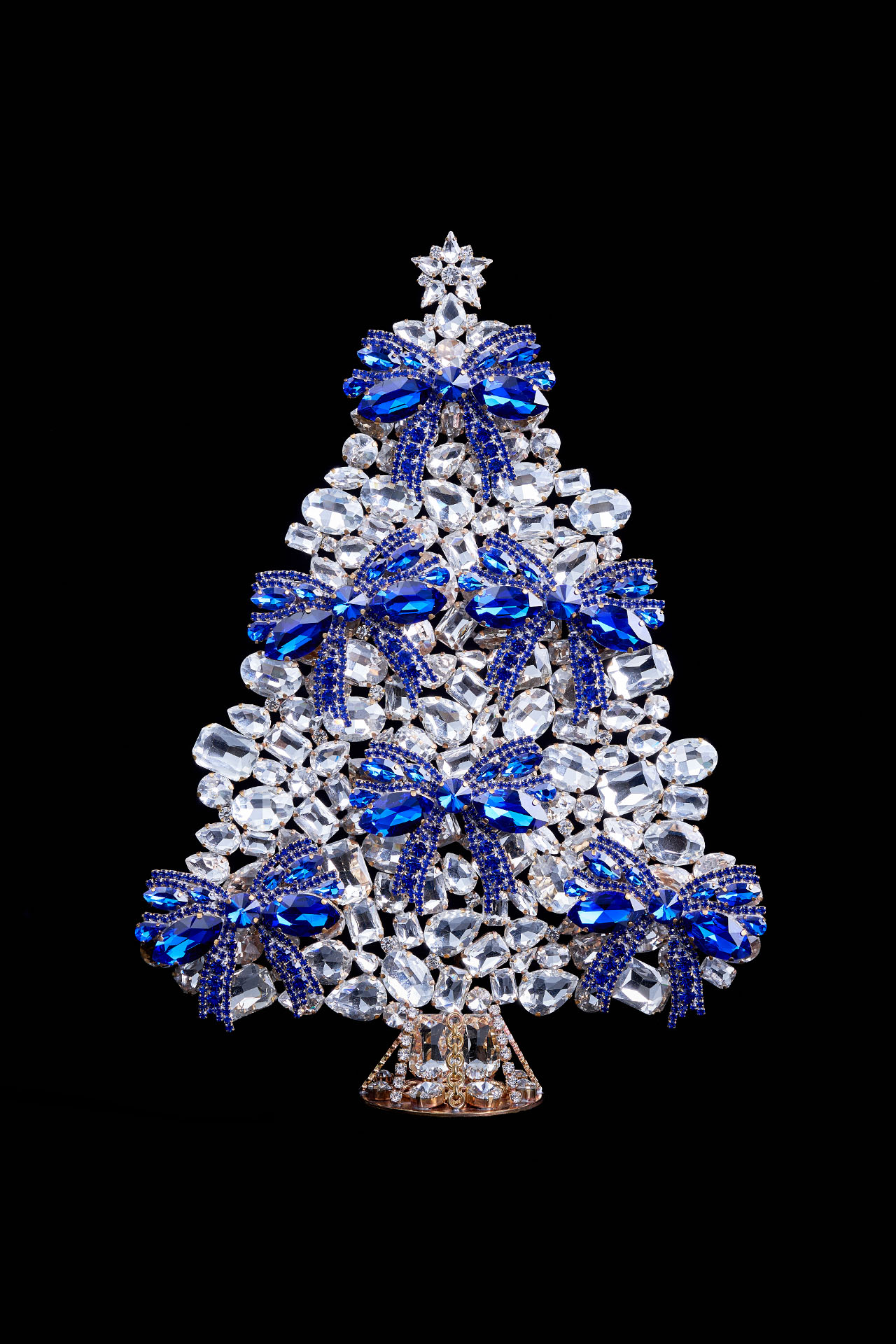 Czech Christmas tree with ribbon handmade from blue rhinestones