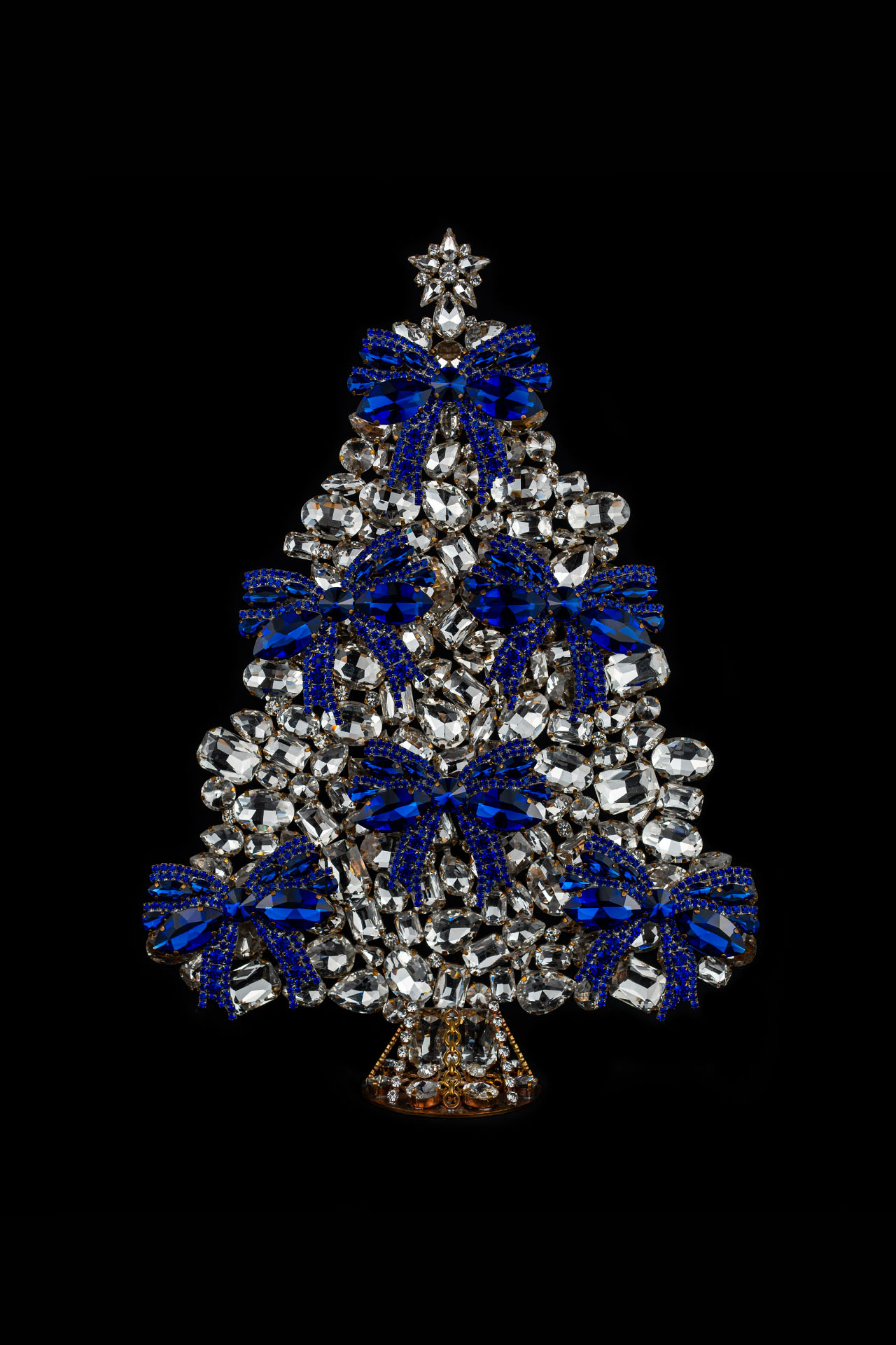 Czech Christmas tree with ribbon handmade from blue rhinestones