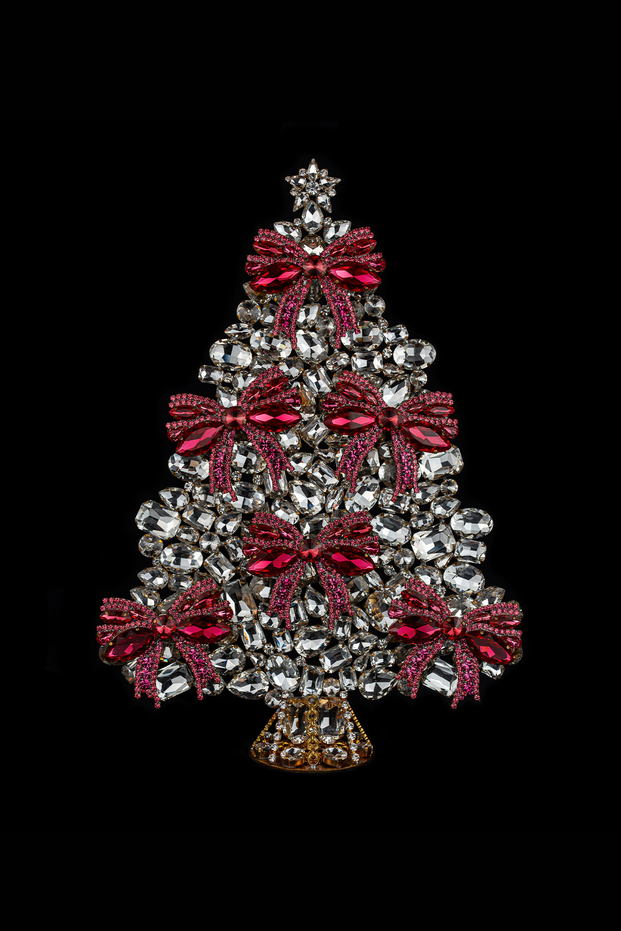 Czech Christmas tree with ribbon handmade from pink rhinestones