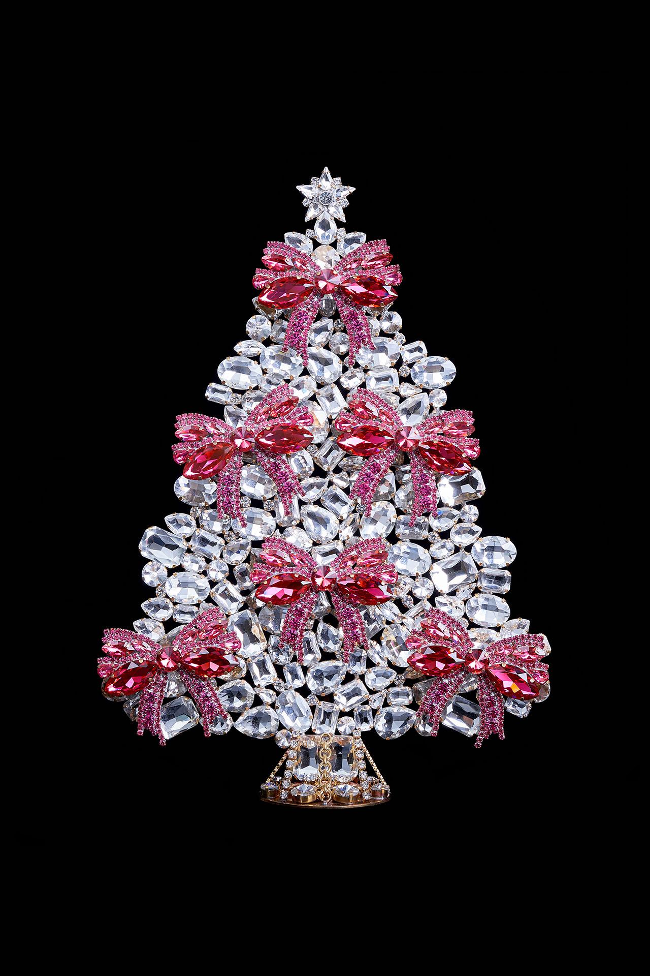 Czech Christmas tree with ribbon handmade from pink rhinestones