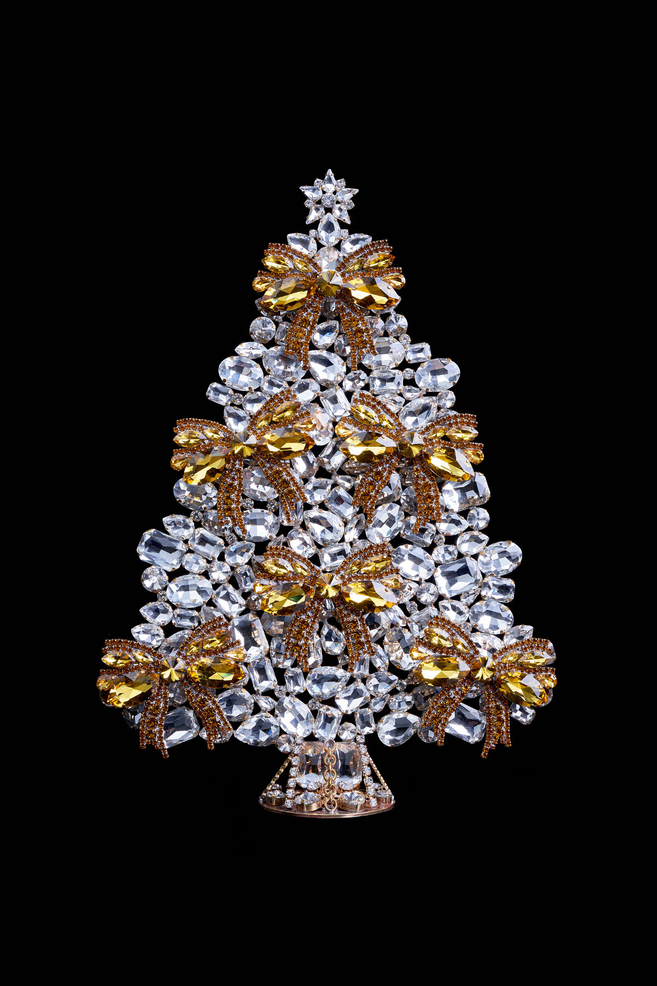 Czech Christmas tree with ribbon handmade from yellow rhinestones