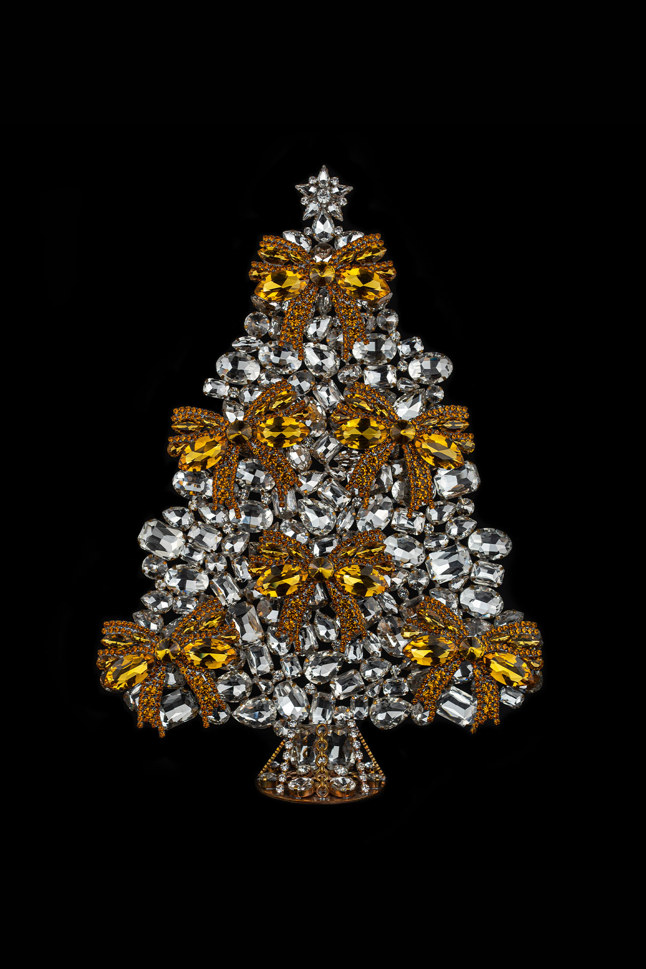 Czech Christmas tree with ribbon handmade from yellow rhinestones