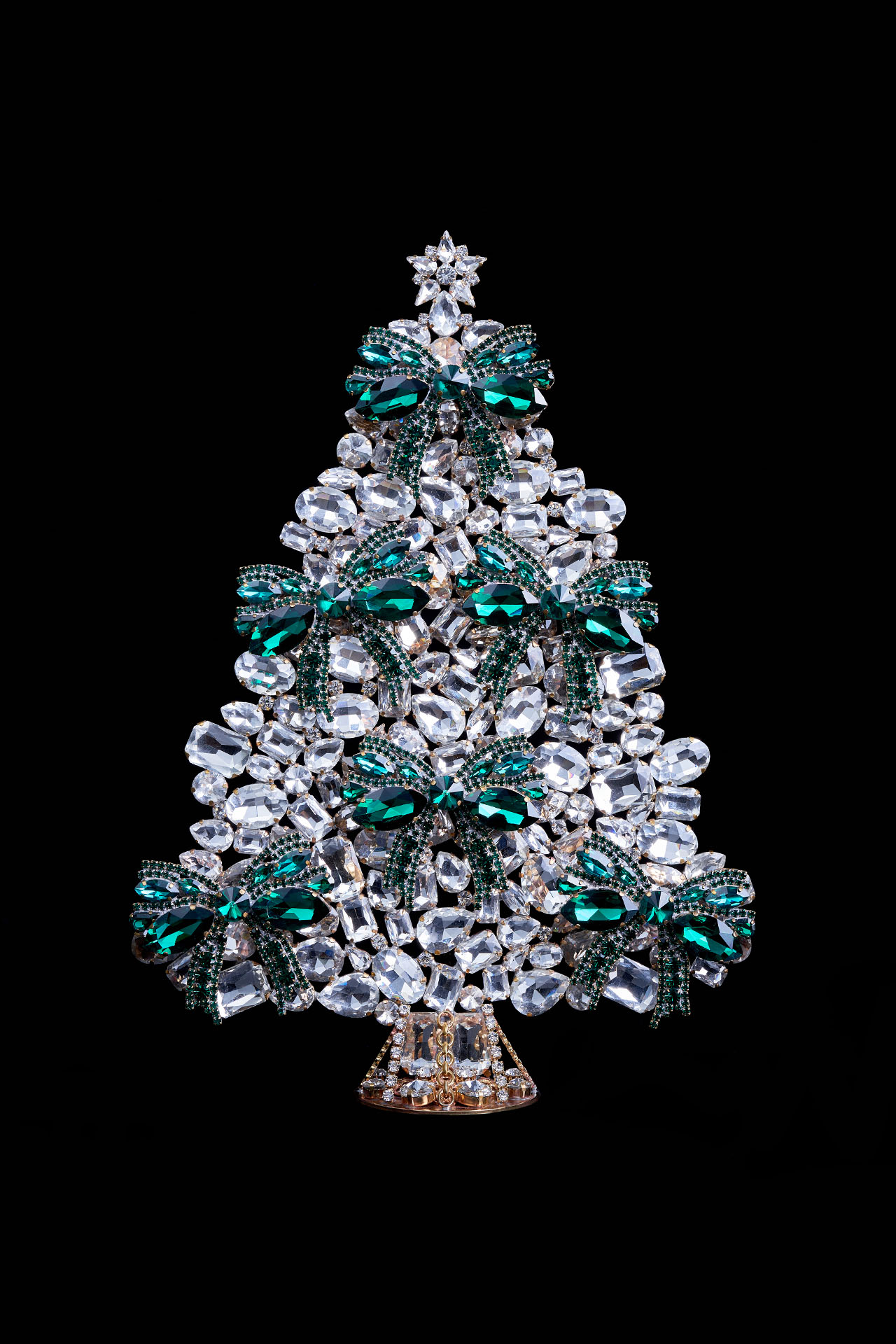 Czech Christmas tree with ribbon handmade from green rhinestones