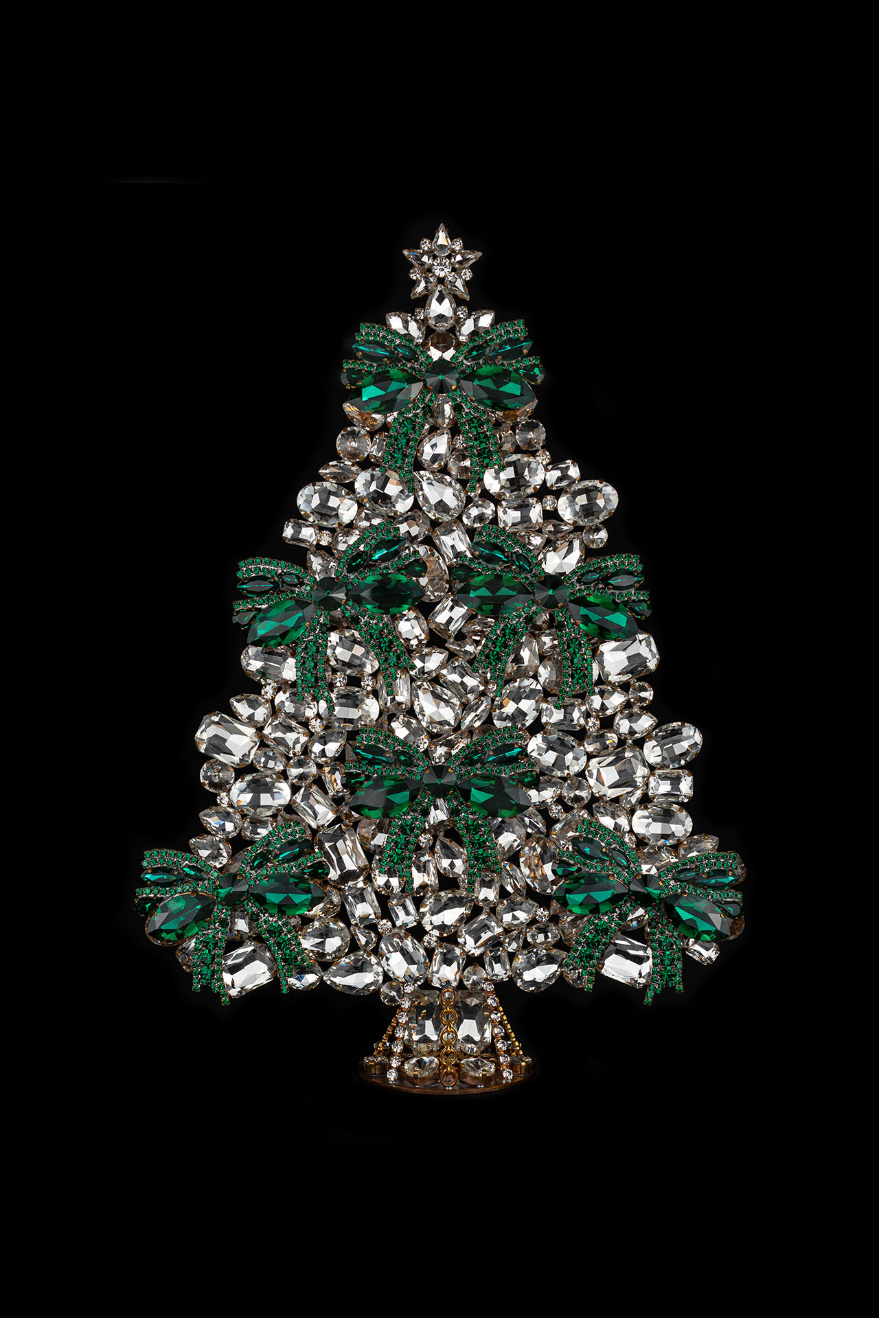 Czech Christmas tree with ribbon handmade from green rhinestones
