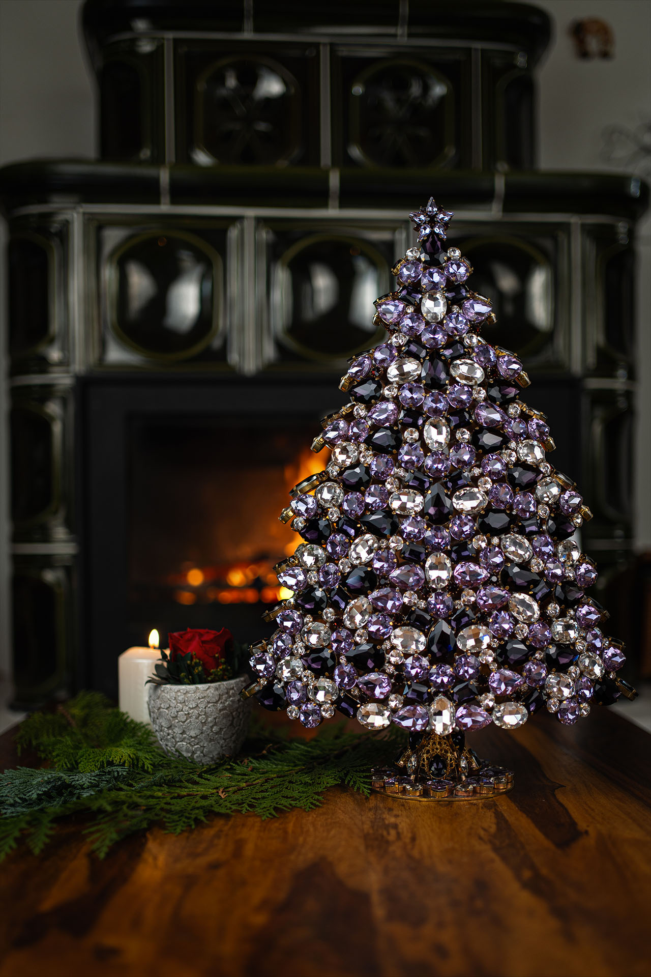 Handmade Czech 3D rhinestones Christmas tree - purple color