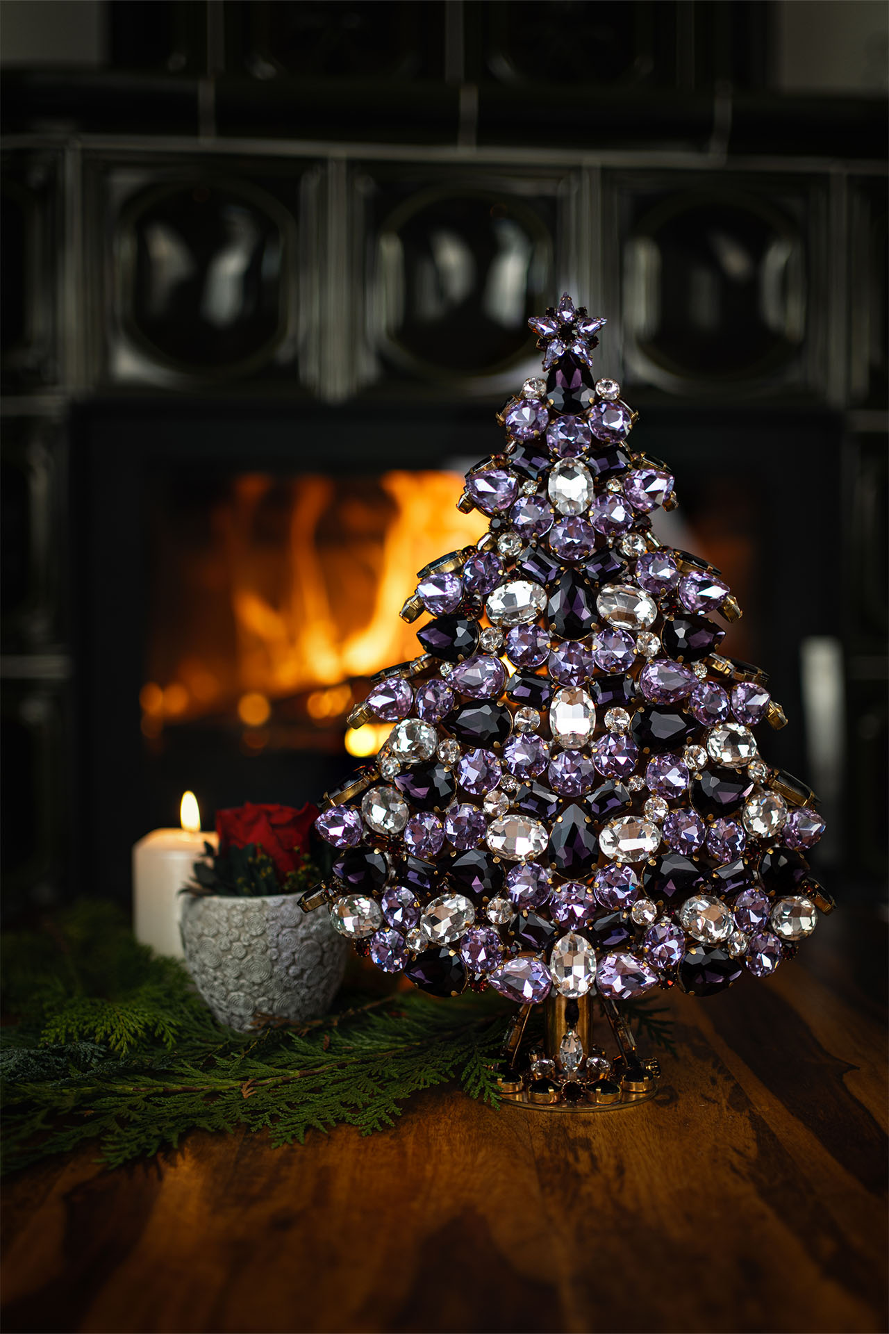 3D tabletop Christmas tree handcrafted with purple  rhinestones