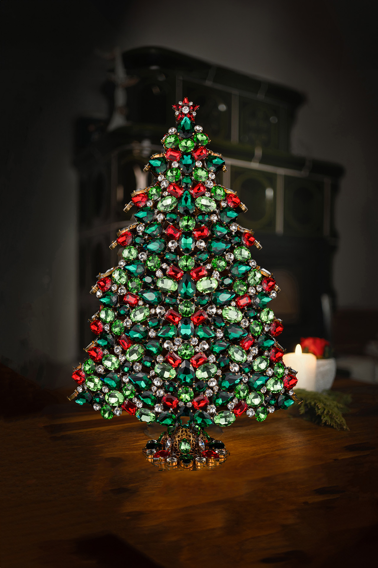 Handmade Czech 3D rhinestones Christmas tree - festive color