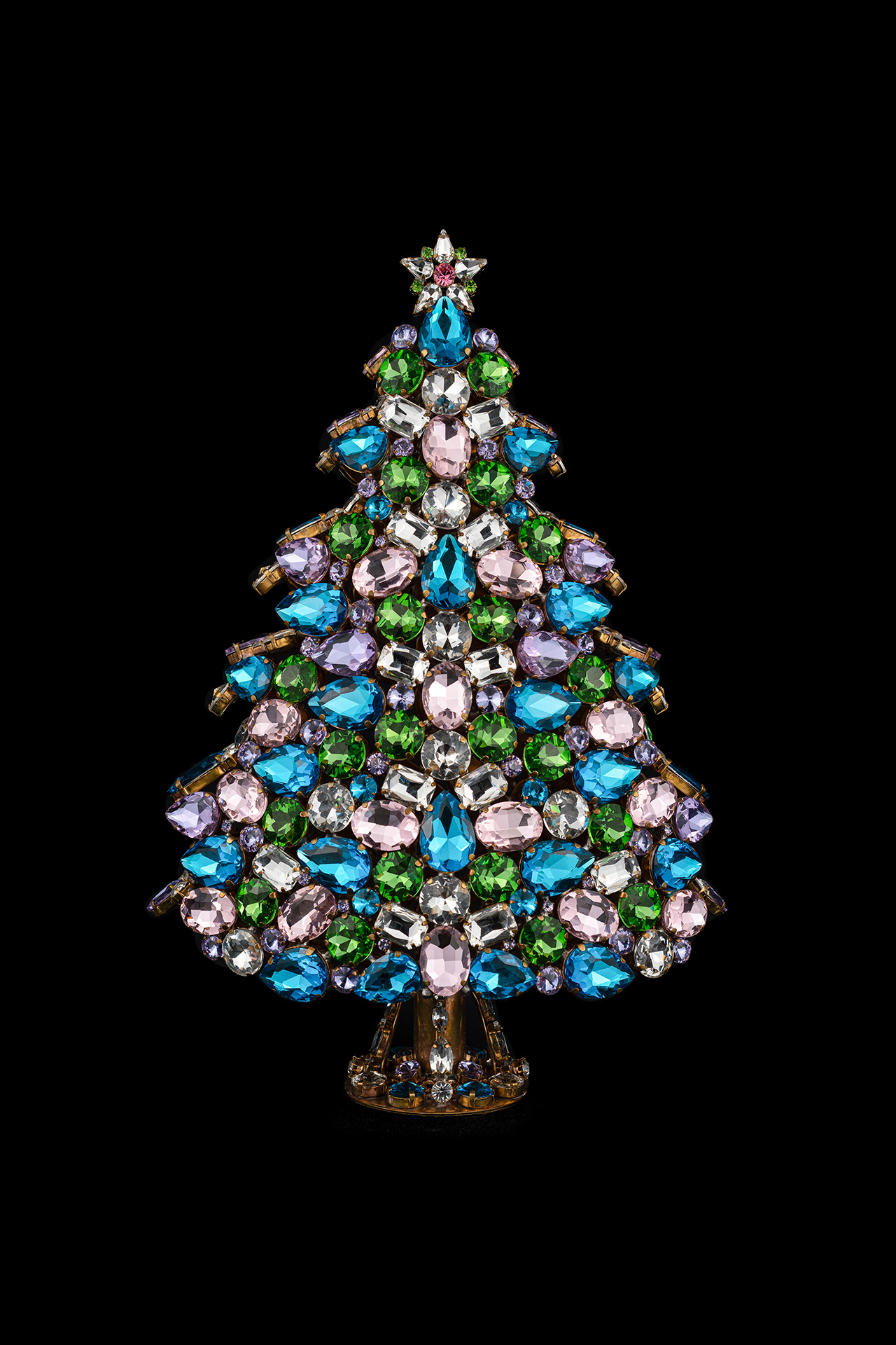 A rhinestone 3D Christmas tree decoration, crafted froma qua blue, pink and light green rhinestone crystals. 