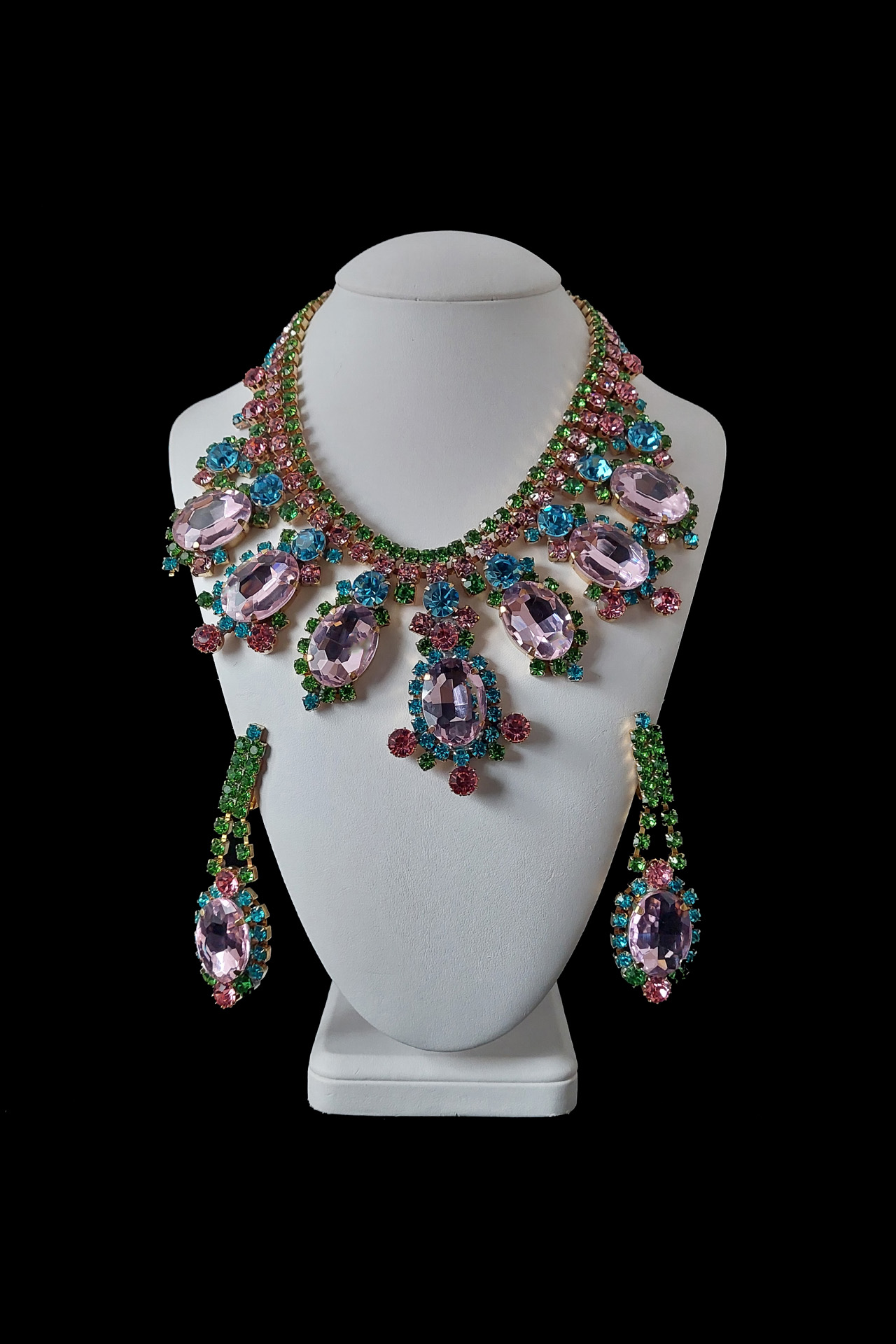 Handmade earrings and necklace from multicolor rhinestones