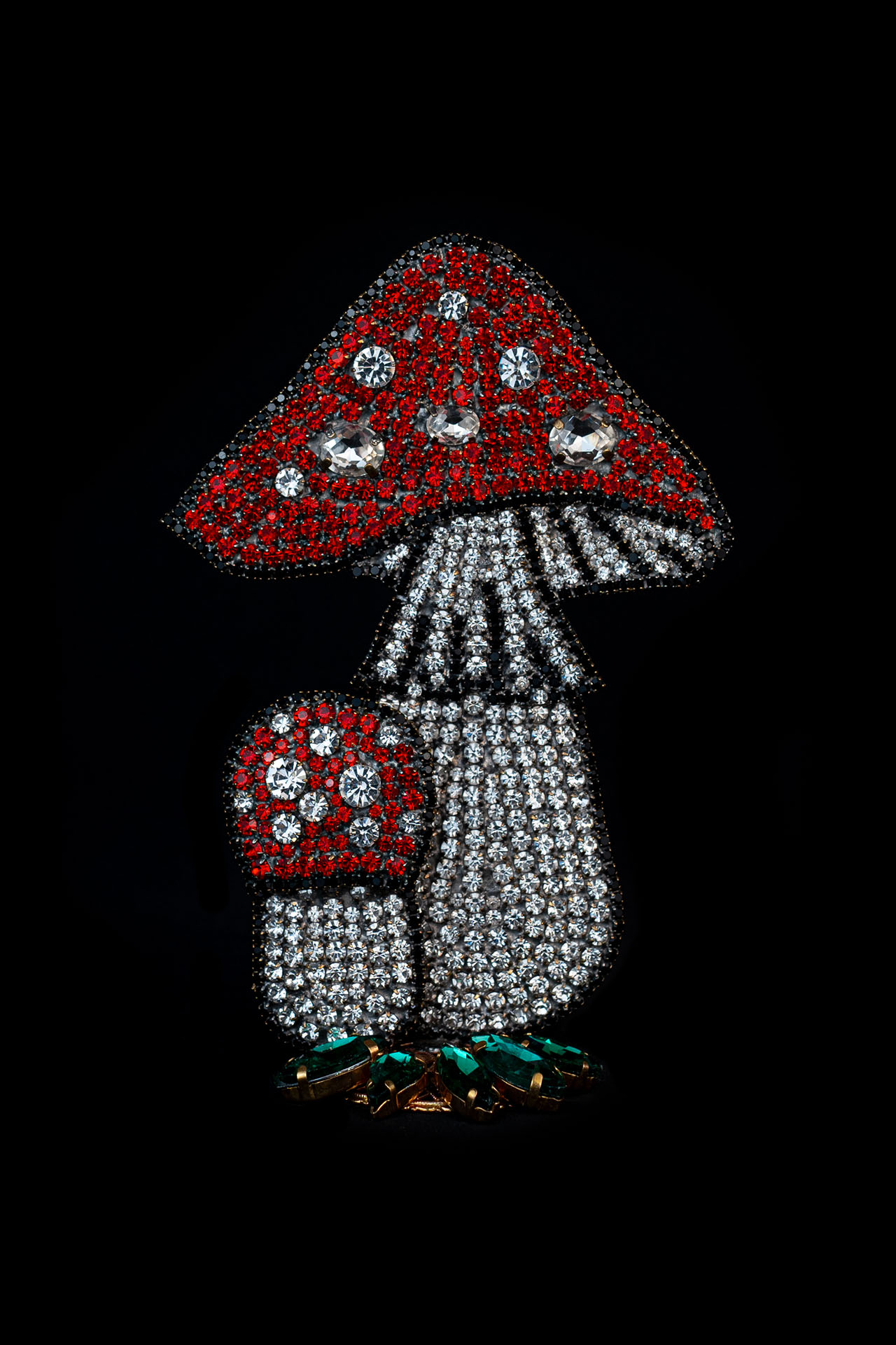 A  toadstools decorations made from red and white rhinestones.