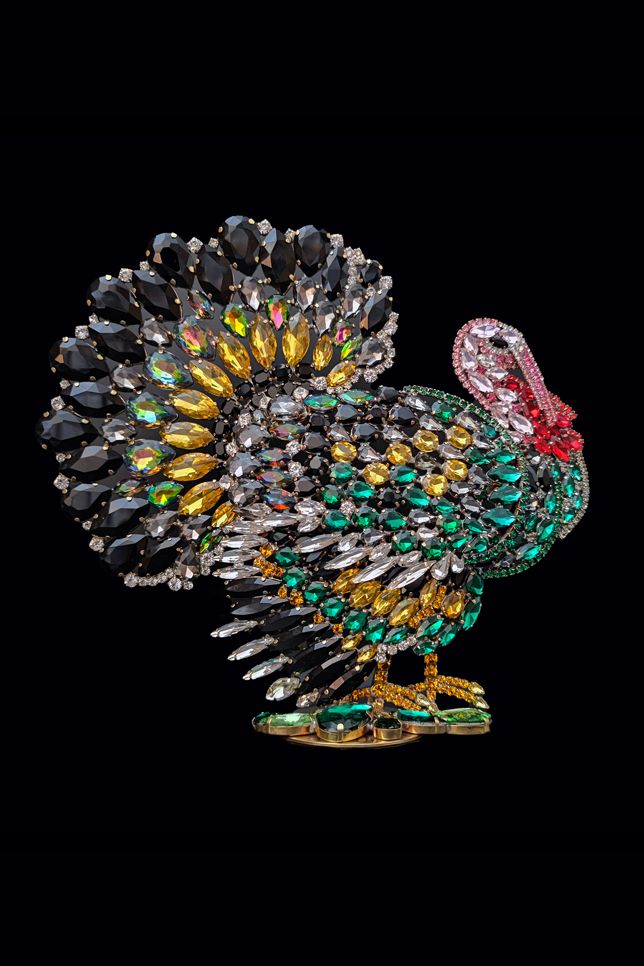 A luxurious, large turkey christmas decoration, crafted from coloured rhinestone crystals.