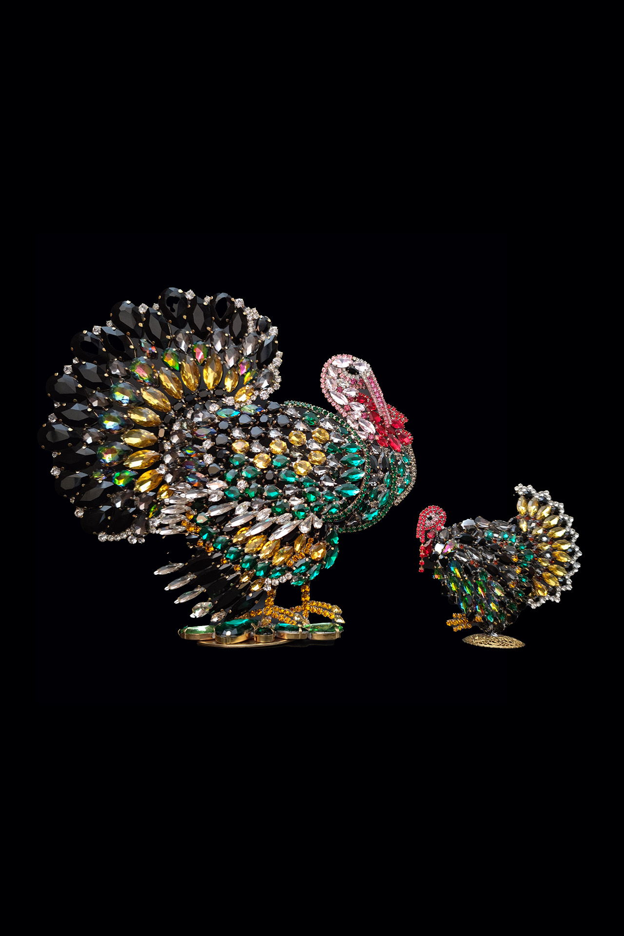 A luxurious, large turkey christmas decoration, crafted from coloured rhinestone crystals.