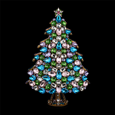 A rhinestone 3D Christmas tree decoration, crafted froma qua blue, pink and light green rhinestone crystals. 