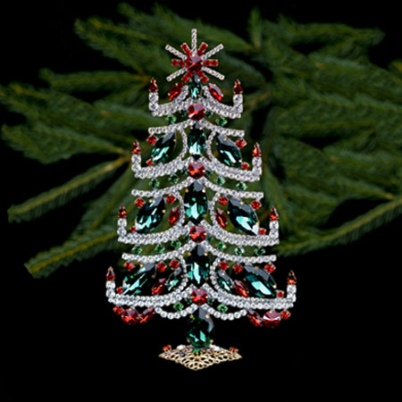 Bethlehem table top Christmas tree handcrafted with clear, red and green rhinestones.