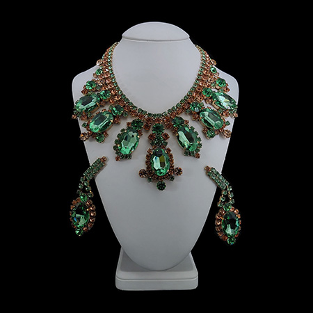 Handmade earrings and necklace from green emerald rhinestones