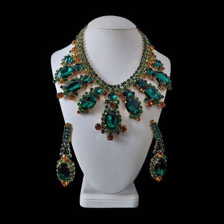 Handmade earrings and necklace from green emerald rhinestones