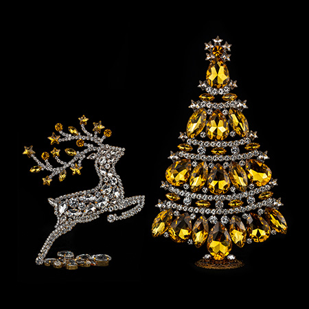 Christmas tree and reindeer from clear and yellow rhinestones.