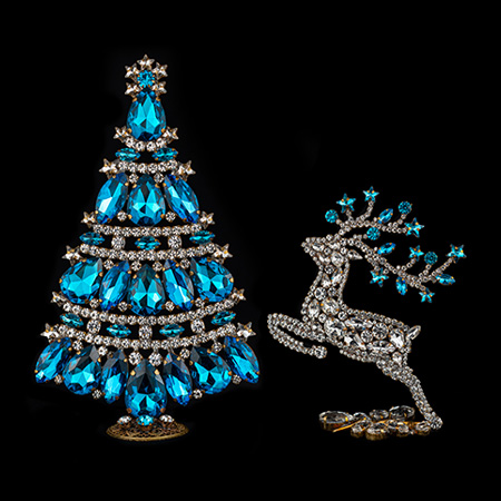 Christmas tree and reindeer from clear and blue rhinestones.