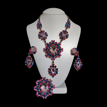 Handmade purple earrings and necklace set Aztec Sun