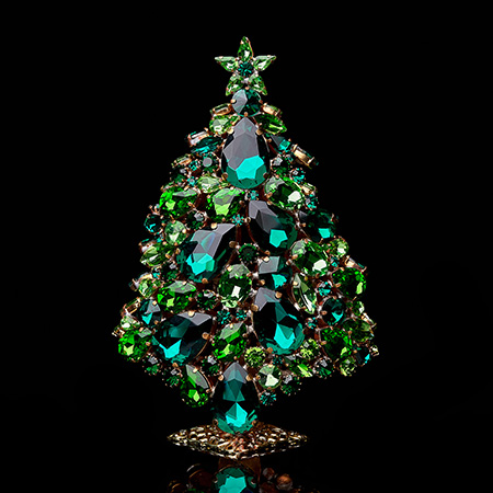 Czech handmade magical 3D Christmas tree in green rhinestones.