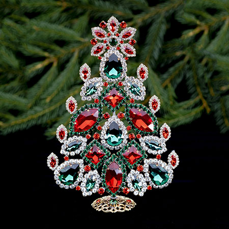 Vintage Christmas tree handcrafted with red and green rhinestones.