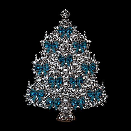 Christmas tree from clear rhinestones, adorned in stunning blue bows. 