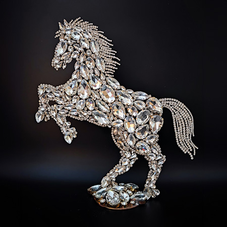 Handmade rhinestone crystal  horses decor statue facing left.