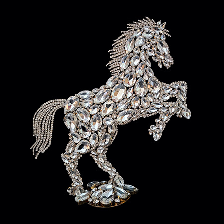 Handmade rhinestone crystal  horses decor statue facing right.