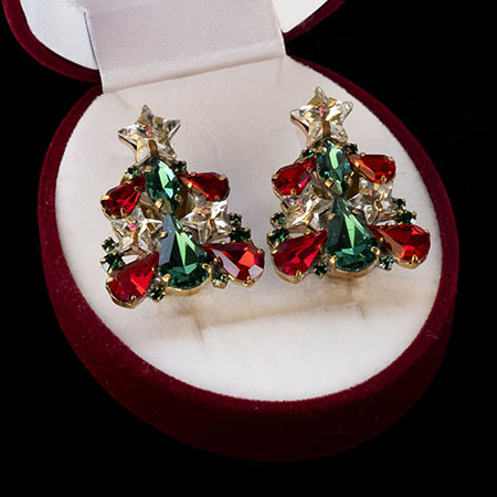 Christmas clip-on earrings handcrafted from coloured crystal.