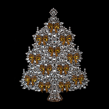 Christmas tree from clear rhinestones, adorned in stunning gold bows. 