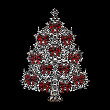 Christmas tree from clear rhinestones, adorned in stunning red bows. 