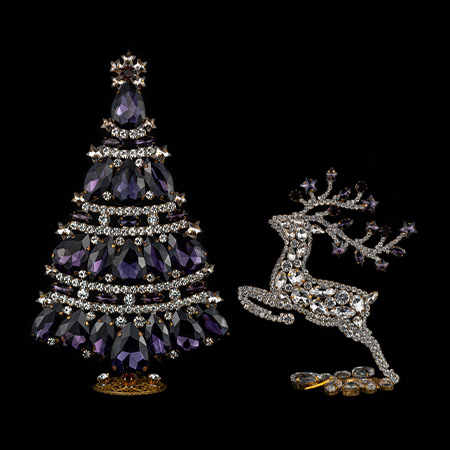 Christmas tree and reindeer from clear and purple rhinestones.