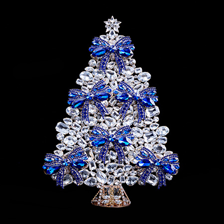 Czech Christmas tree with ribbon handmade from blue rhinestones.