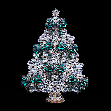 Czech Christmas tree with ribbon handmade from green rhinestones.