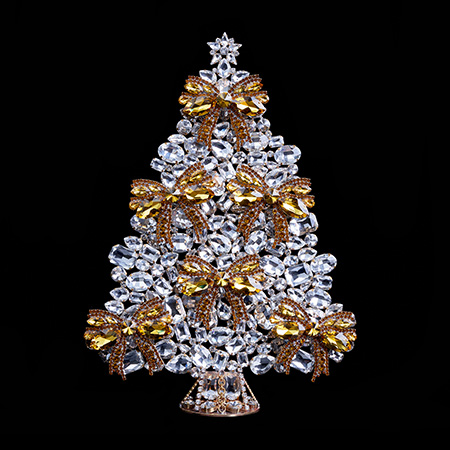 Czech Christmas tree with ribbon handmade from yellow rhinestones.