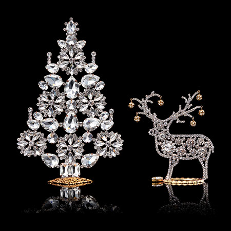 Handcrafted Clear Christmas tree and reindeer table top set.